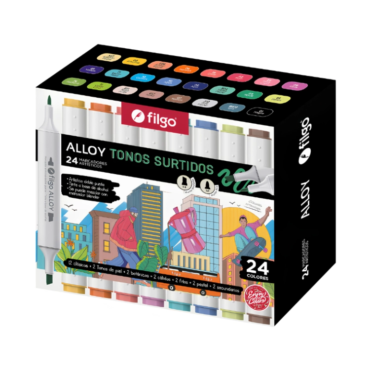 Marcador Artistico Filgo Alloy x 24 Tonos Surtidos Doble Punta Estuche Inmantado Art.ALLYM-EM24-SUR